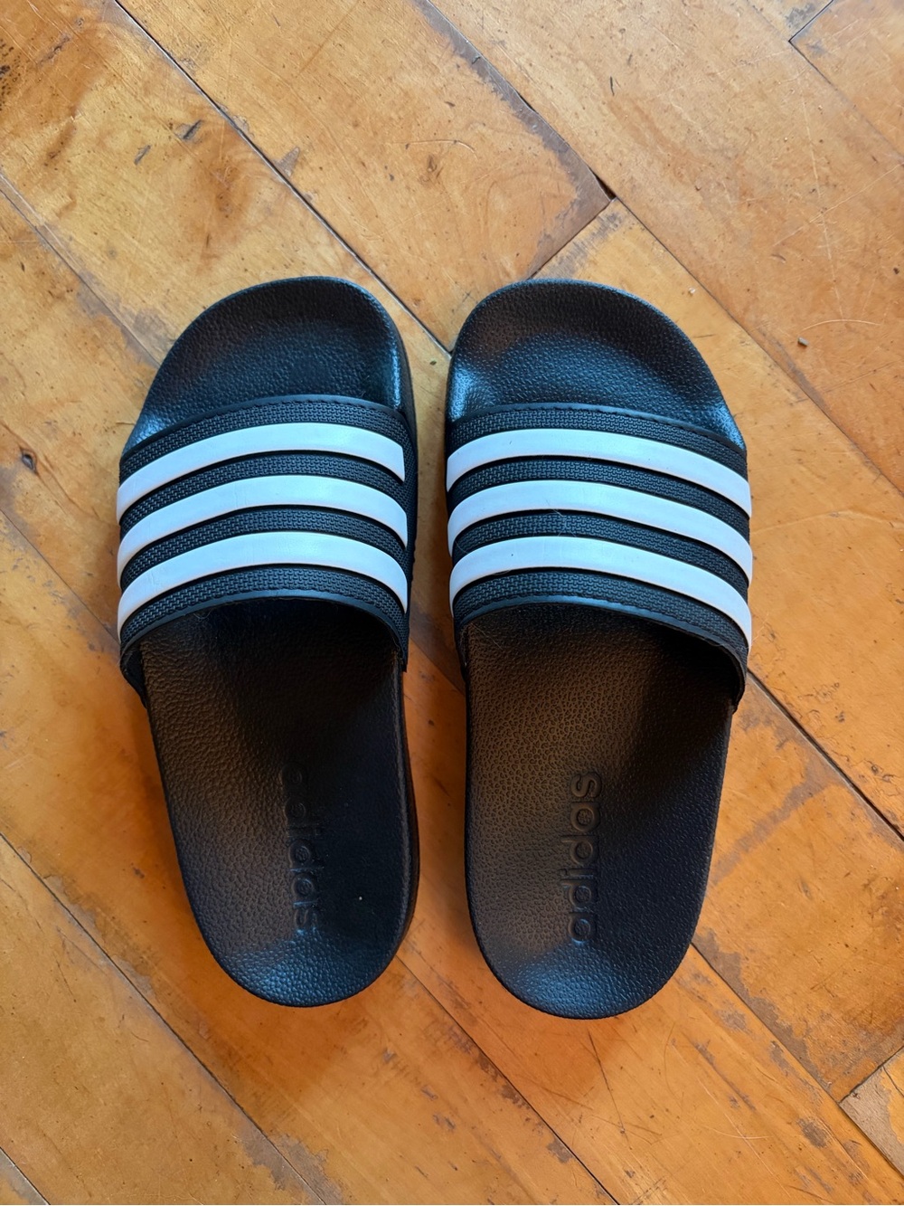adidas Black Slides with White Three-Stripes for Kids never worn!